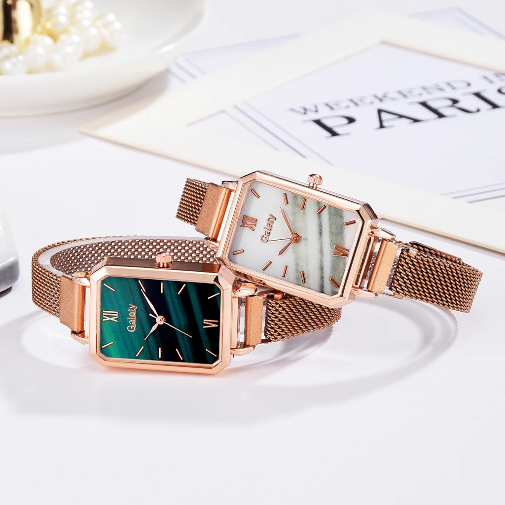 

Luxury Square Green Dial Bracelet Watches For Women Rose Gold Metal Belt Dress Quartz Clock Ladies Business Wrist Watch Gift