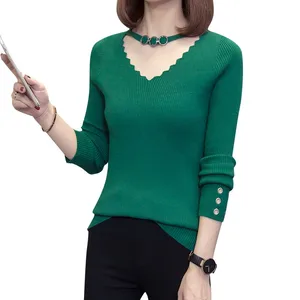 Свитер размера плюс 4XL с v-образным вырезом, женский модный осенний ажурный шерстяной свитер, однотонный тонкий сексуальный пуловер, Женский вязаный свитер