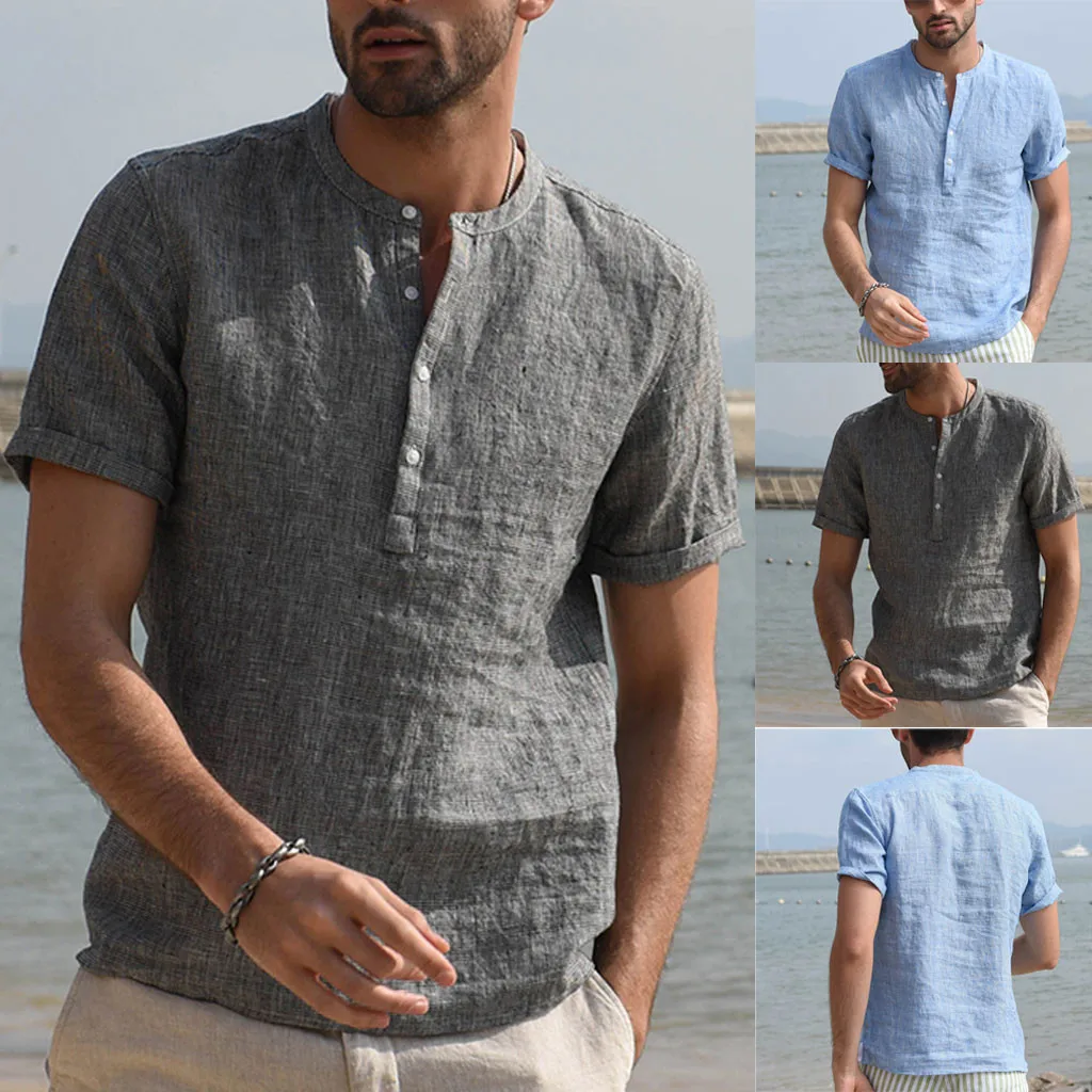 

Vogue Cotton Linen Shirts Men Vintage Solid Blue Black Buttons Short Sleeve Retro Shirts Tops Beach Streetwear Soft Shirts