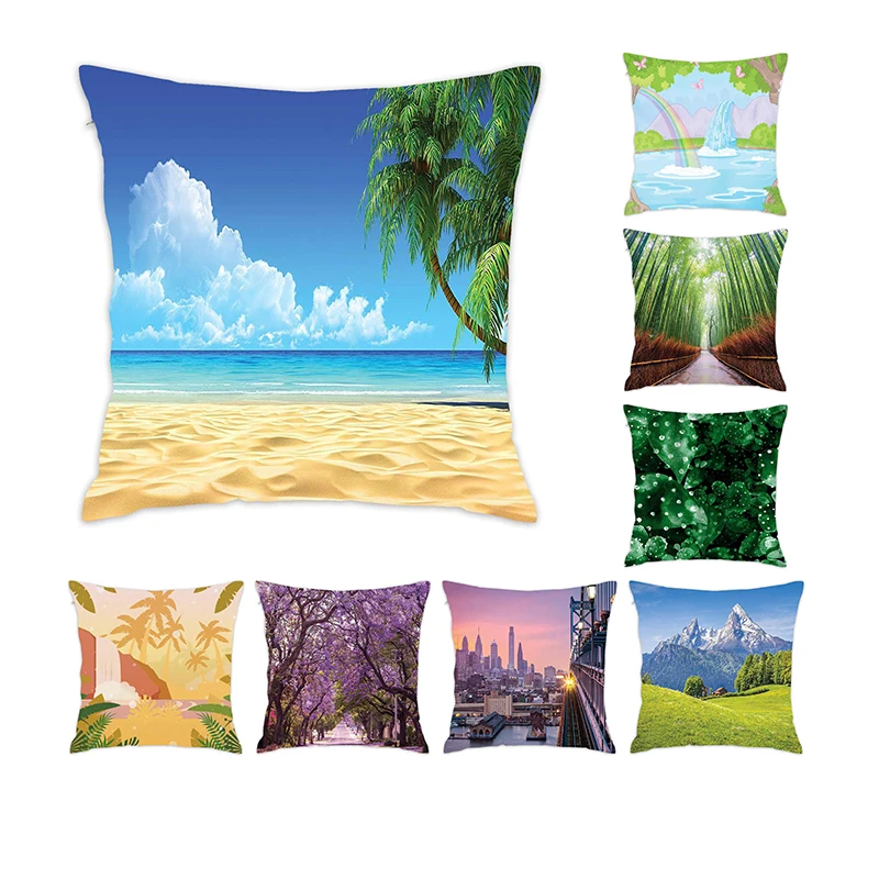 

[Douladou]Tropical Tree Leaves Painting Pillows Case Ocean Pool Cojines Sofa Vintage Purple Flower Cushion Cover Washable45x45cm