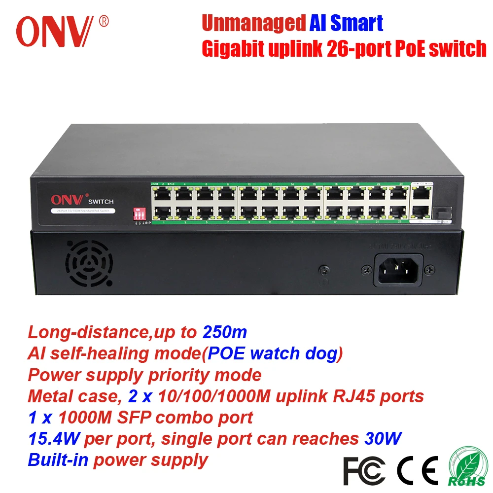 ONV Unmanaged Gigabit Uplink 26-port AI PoE Switch VLAN 250m Transmission 802.3af/at AI Self-healing Watch Dog for POE Camera AP