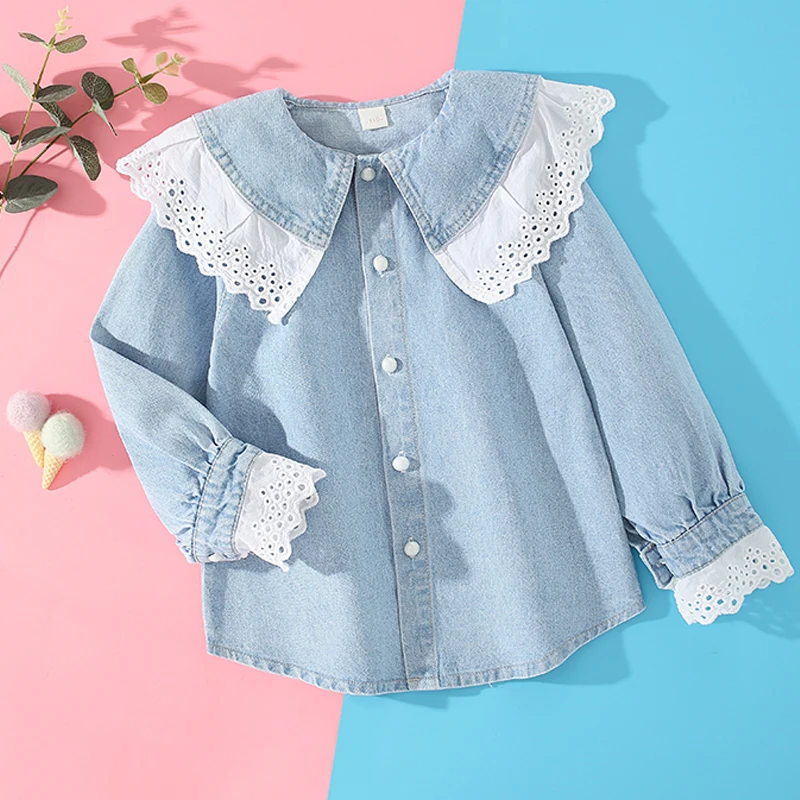 

2021 Spring Girls Denim Shirts for Kids Fashion Baby Long Sleeve Clothes Cotton Children Clothing for Teens 6 8 10 12 14 Years