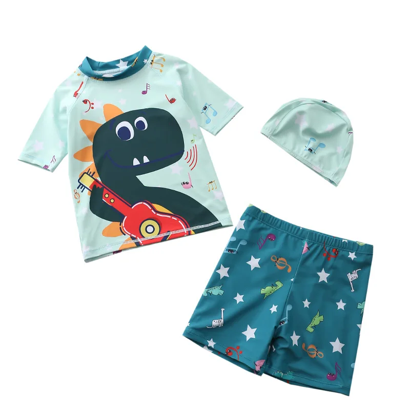 Children's Swimwear Boys Cartoon Dinosaur Swimsuit Three Pieces Kids Bathing Suit With Hat Boy's Swimming Suits Beach Surf Wear