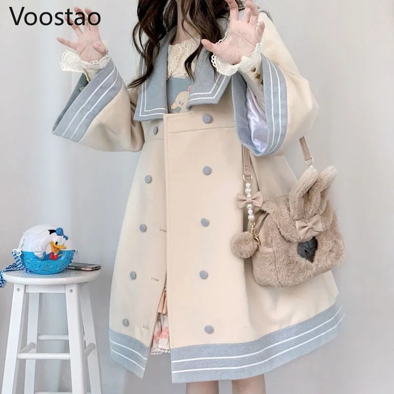 Abrigos de lana estilo Lolita japonés para mujer, chaquetas holgadas con cuello de marinero, prendas de vestir de tendencia Kawaii para Primavera e Invierno