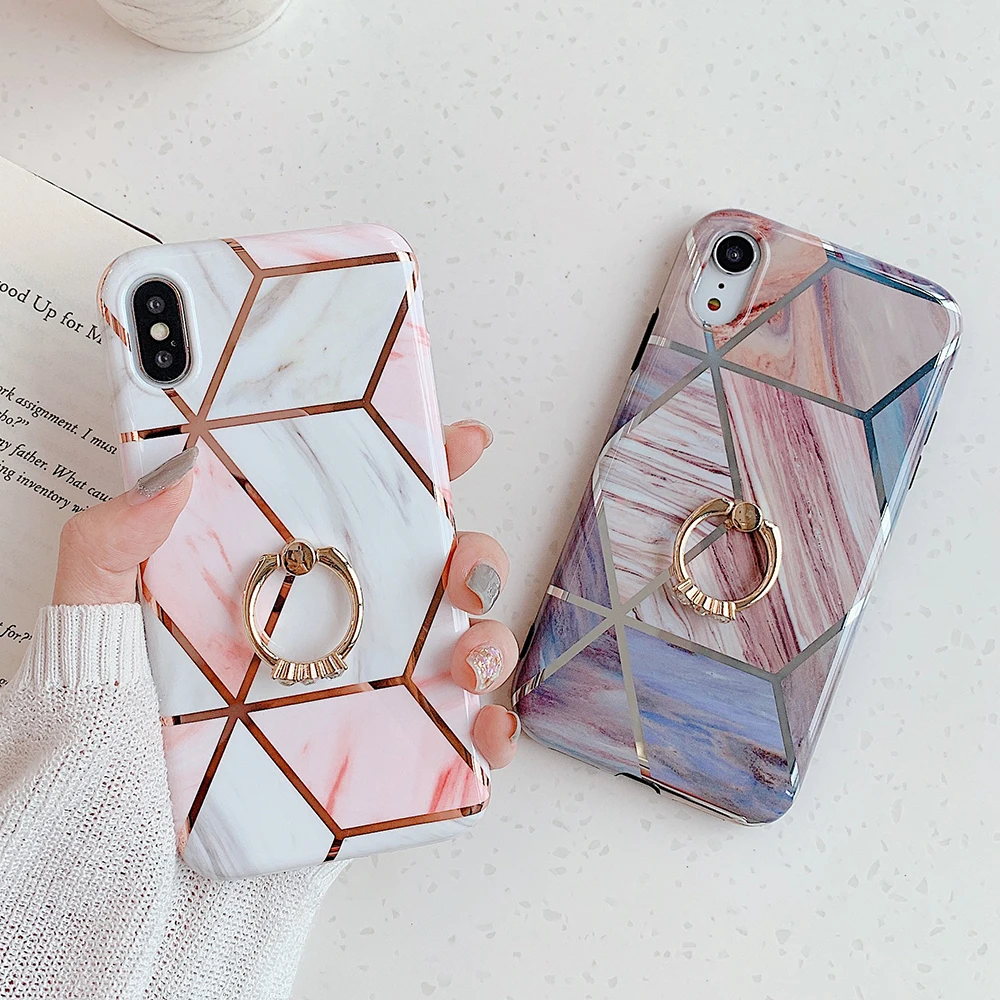 Чехол для телефона LOVECOM для iPhone 11 Pro XR XS Max 6 6S 7 8 Plus X Мягкая Гальваническая мраморная задняя крышка с кольцом на палец