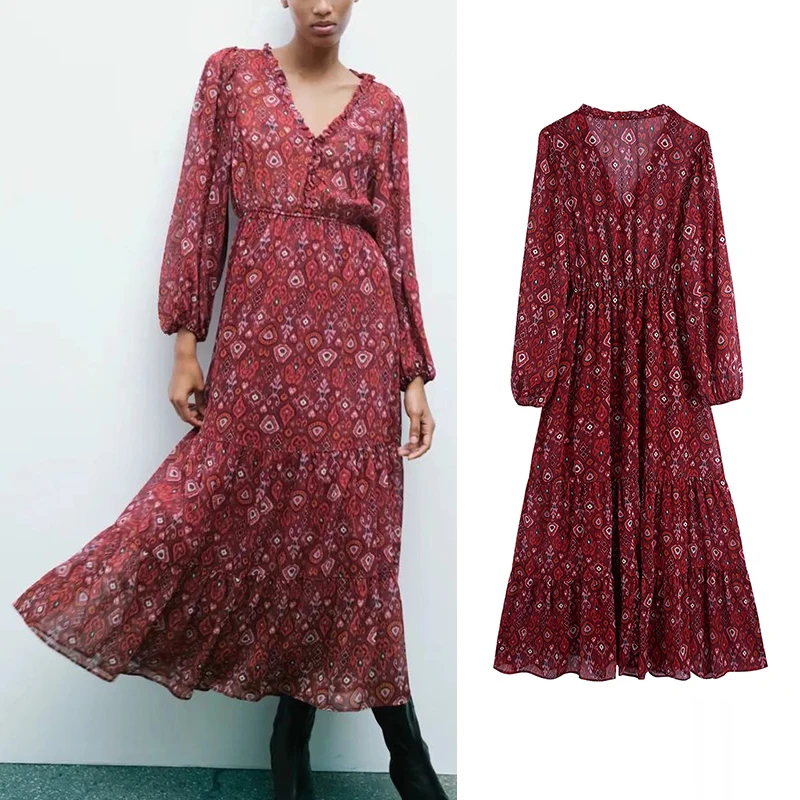 

Za Autumn Women Print Elastic Waist Midi Dress Chic Long Sleeve Ladies Vintage A-line Dress Vestidos BB4176