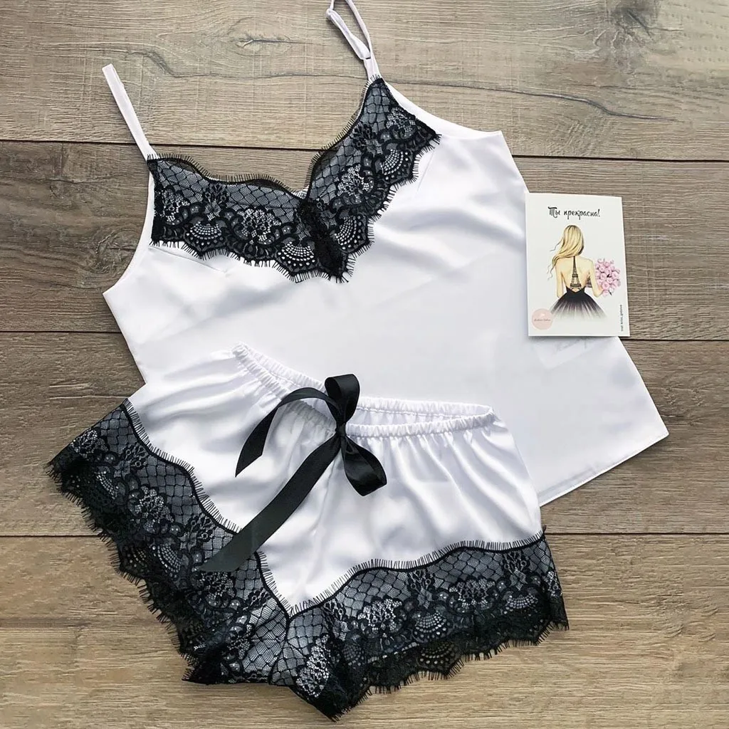 Пикантная кружевная атласная Шелковая пижама с бантом Женское Белье для сна