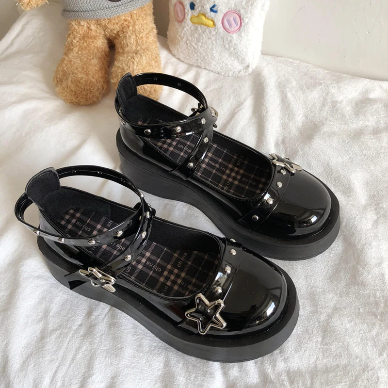 

Dark Loli Retro Gothic Black Japanese Kawaii Anime Cosplay Women's Cross Star Buckle Summer Sweet Girl Mary Jane Jk Uniform Shoe