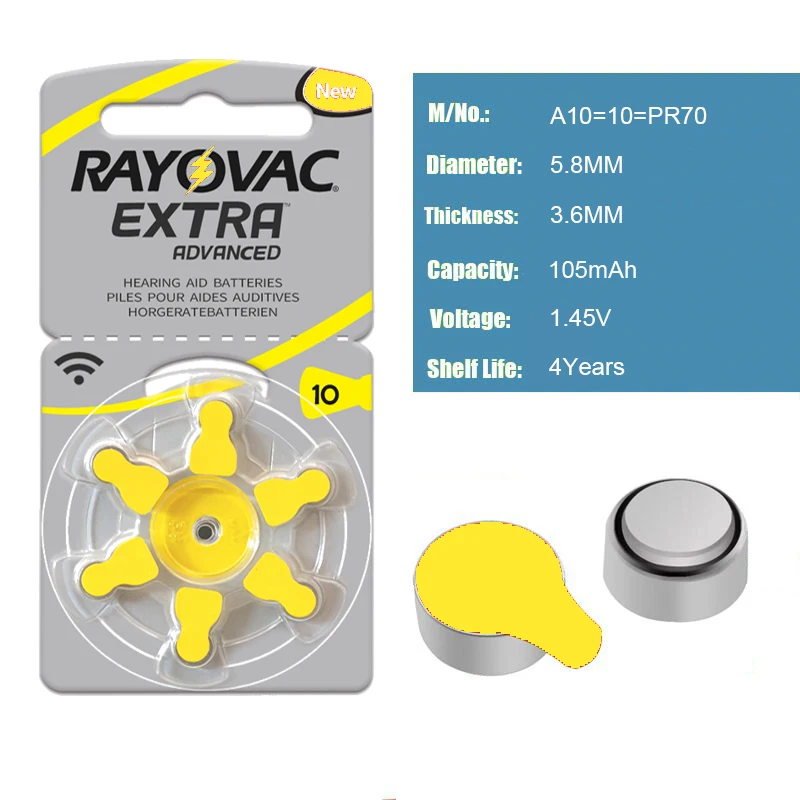 Аккумуляторы для слухового аппарата 60 шт./1 коробка RAYOVAC EXTRA A10/PR70/PR536 Цинковый