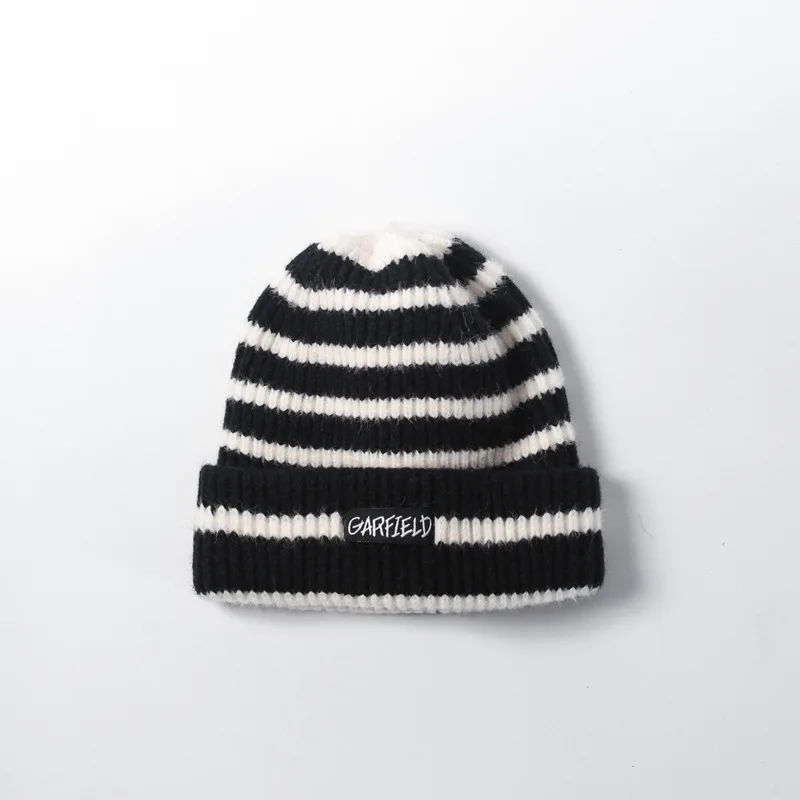 

2020 New Hat Ladies Autumn and Winter All-match Striped Woolen Hat Plus Velvet Thickening Warm Knitted Wool Ball Head Cold Hat