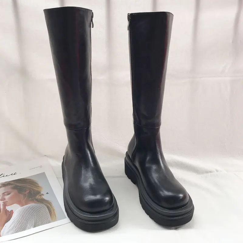 

Thick-soled Increased Chelsea Knee High Boots Black Genuine Leather Knight Boot Handsome Locomotive Motorcycle Boots Shoes Woman