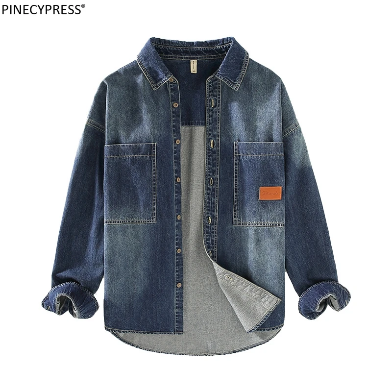 

100% Cotton Europe Size Autumn Spring Men Denim Shirt Casual Loose Fashion Pockets Vintage Male Tops Blue Man Cowboy Shirts