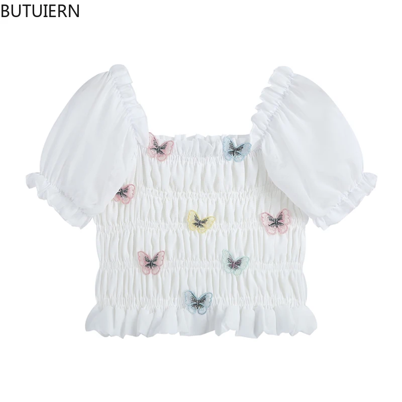 

Butterfly Patchwork White Bodycon Crop Blouses Women 2021 Summer Sexy Shirts Puff Short Sleeve Slash Neck Elegant Rok Sweet Tops