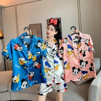 disney mickey mouse womens sleepwear causal satin pajama set blue pink white pyjamas donald duck cute kawaii top and shorts
