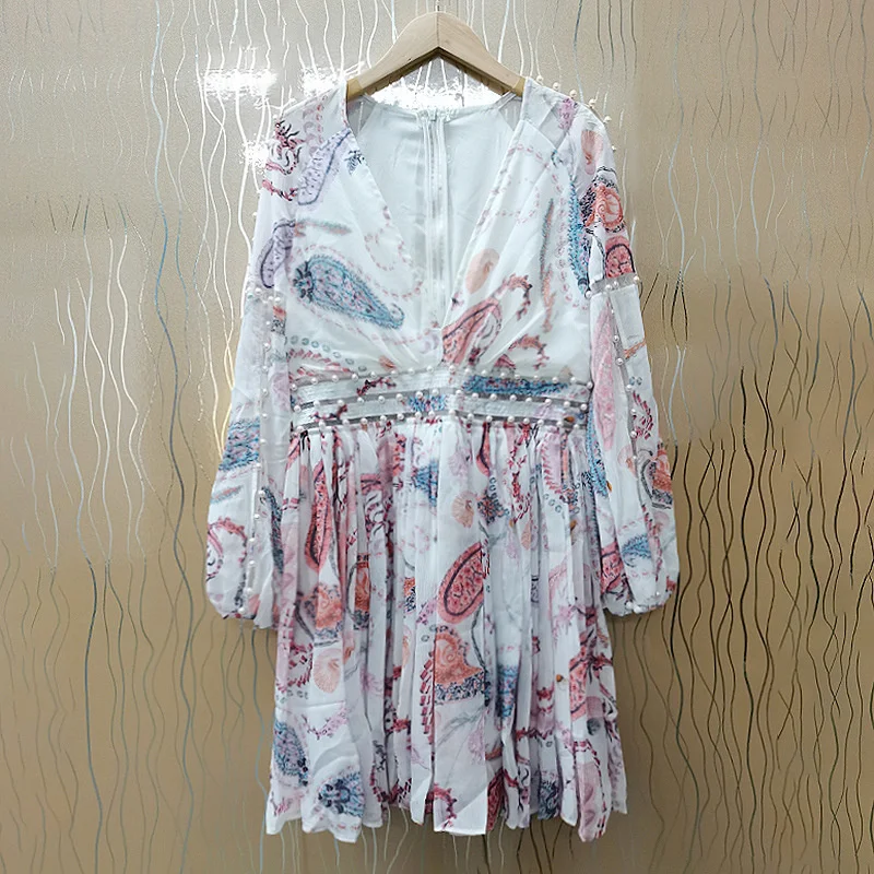 

2021 summer new heavy industry printed pearl slim waist V-Ne long sleeve dress party skirt