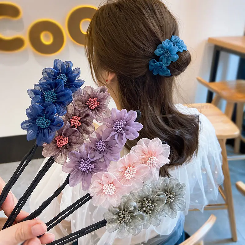 

Bun Hairstyle Hairdressing Tools Hair Stick Hairpin Net Yarn Flower Hair Scrunchies Women Fashion Elegant Hair Accessories