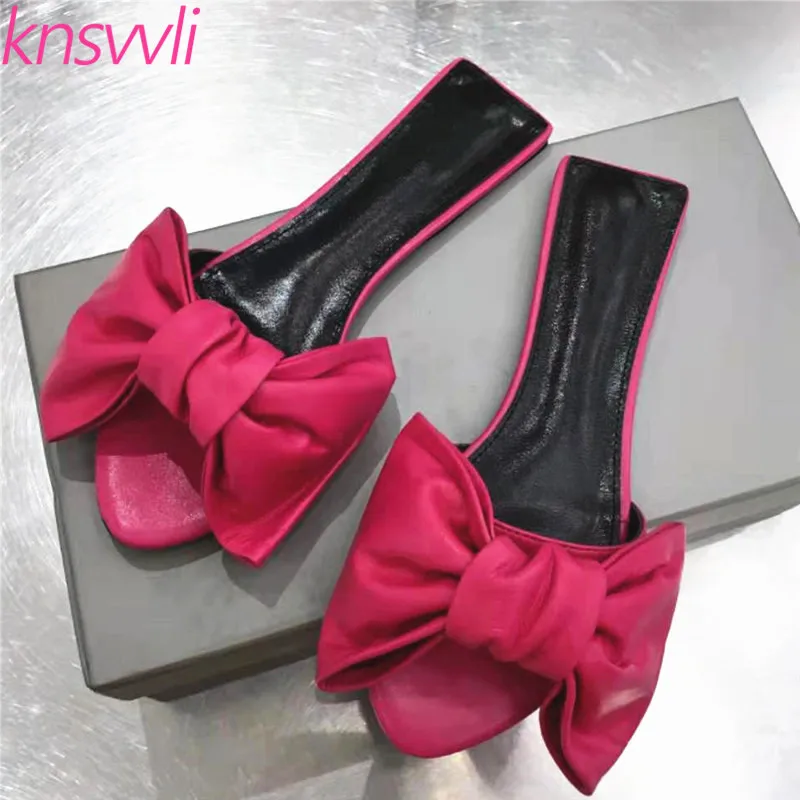 Шлепанцы женские из натуральной кожи сланцы с бантом открытый носок пляжная