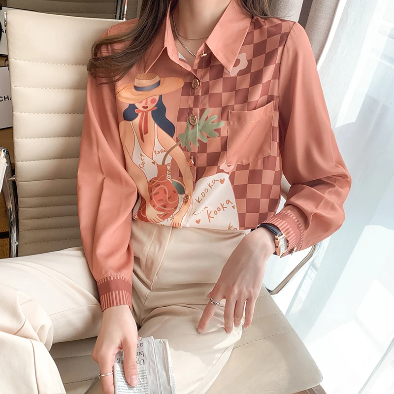 

2021 spring new plaid color matching suede printed shirt female design sense niche long-sleeved shirt