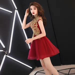 Bridesmaid dress Dark Red Women Above knee length Slim Party Dress Wedding Banquet Bride Chinese style wedding dress Gown Bridesmaid dress Dark Red Women Above knee length Slim Party Dress Wedding Banquet Bride Chinese style wedding dress Gown