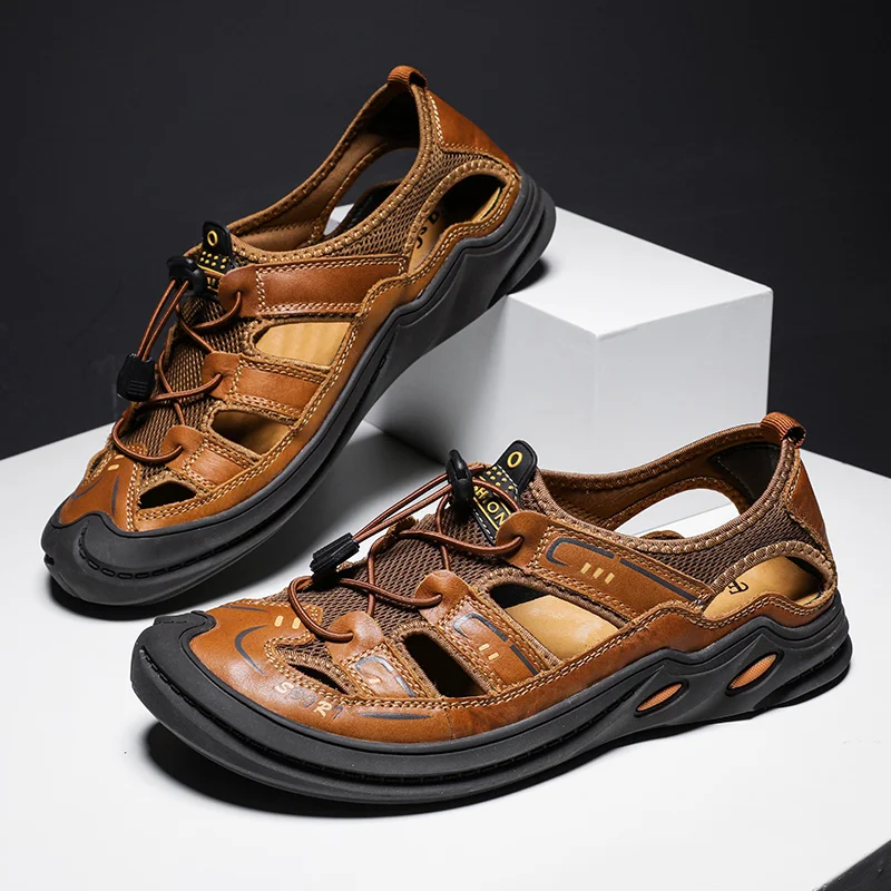 

Men Sandals Summer Casual Genuine Leather Beach Sandals Flats Shoes Non Slip Luxury Breathable Rubber Shoes Men Size 38-45