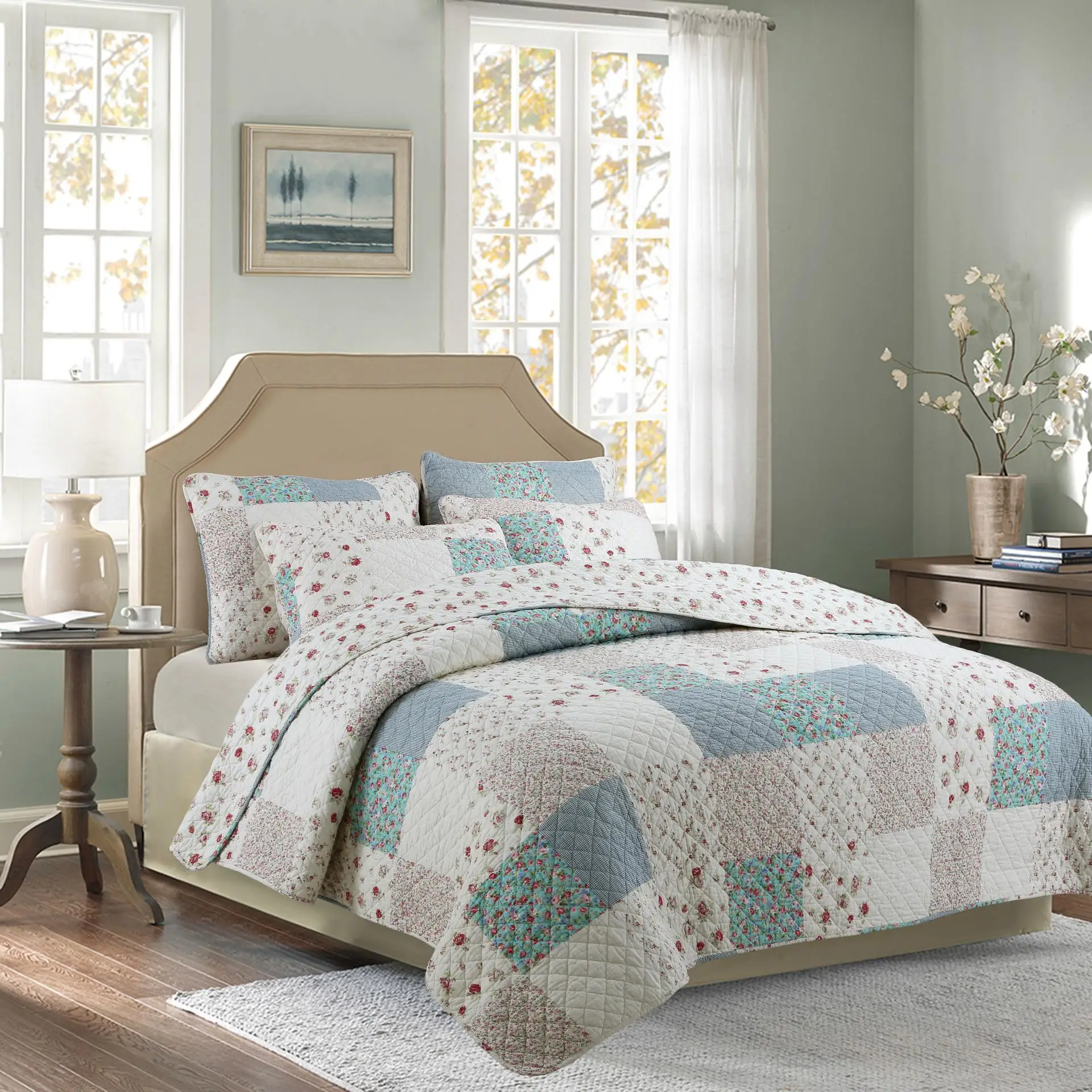 

3-Pieces 100%Cotton Soft Floral printed Quilt Set Patchwork Reversible Bedspread Coverlet Bed cover set Pillow shams