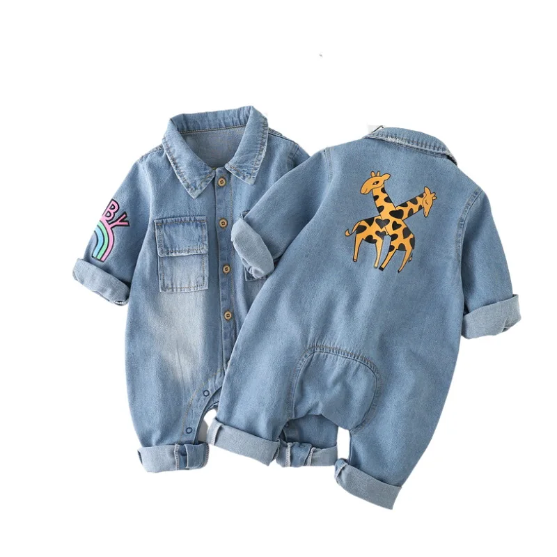 

Комбинезон KOKI для маленьких мальчиков и девочек, джинсовый комбинезон из 100% чистого хлопка с радужным жирафом, наряд с длинным рукавом, боди...