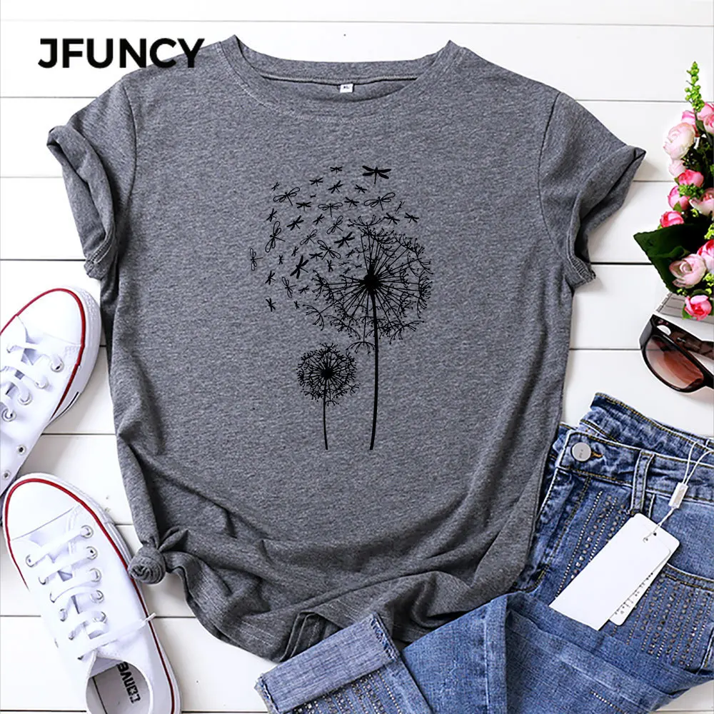 JFUNCY женская летняя футболка с принтом одуванчика Женская хлопковая Футболка