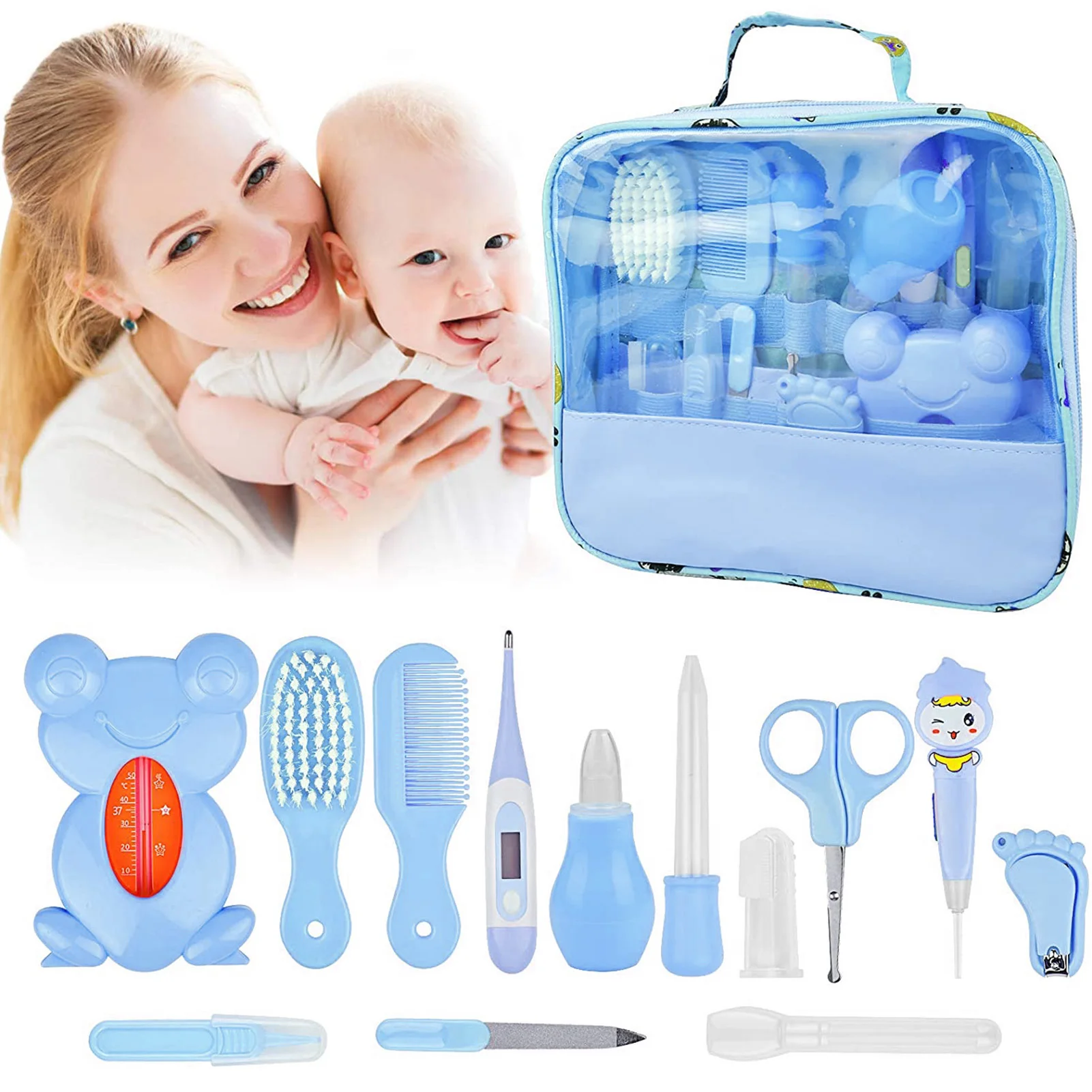 

13PCS Baby Grooming Kit Set Baby Nail Clippers Hairbrush Tool Kit Thermometer Feeder Nasal Aspirator Finger Toothbrush Supplies