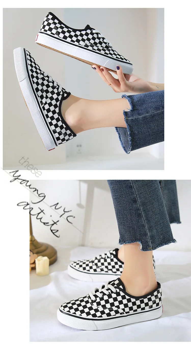 Checked Canvas Vulcanized Shoes For Both Men And Women Casual Loafers With No Lacing At One Stepulzzang Freeshipping Sale