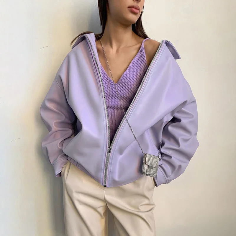 Autumn New Simple Cardigan PU Jacket Fashion High Street Casual Jacket Women