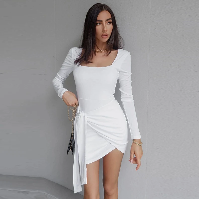 

Sexy Square Collar Lace Up Bodycon Dress Long Sleeve Elegant Party Short Mini Dresses For Women Autumn Dress 2021 New Fashion