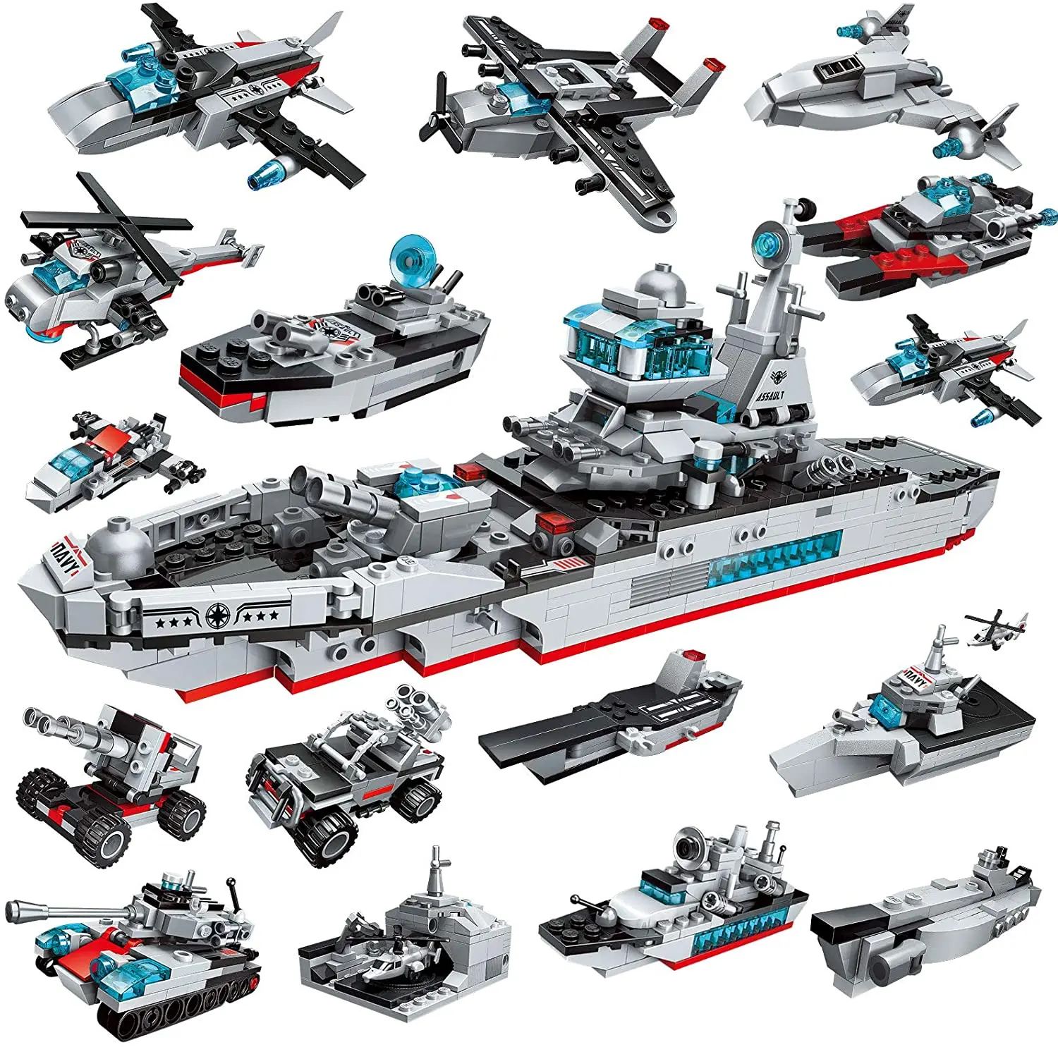 

700 Pcs 17-In-1 Military Battleship Aircraft Carrier Building Blocks Toys for Boy Gift for Kids Friends Birthday Educational