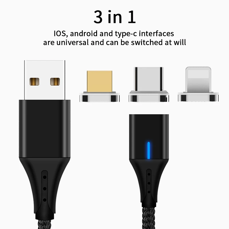 Магнитный кабель 3A Micro usb type C кабель передачи данных для быстрой зарядки для iPhone XS MAX XR 8 7 Plus SAMSUNG S10+ S9 для XIAOMI Mi9 MIX3 2S