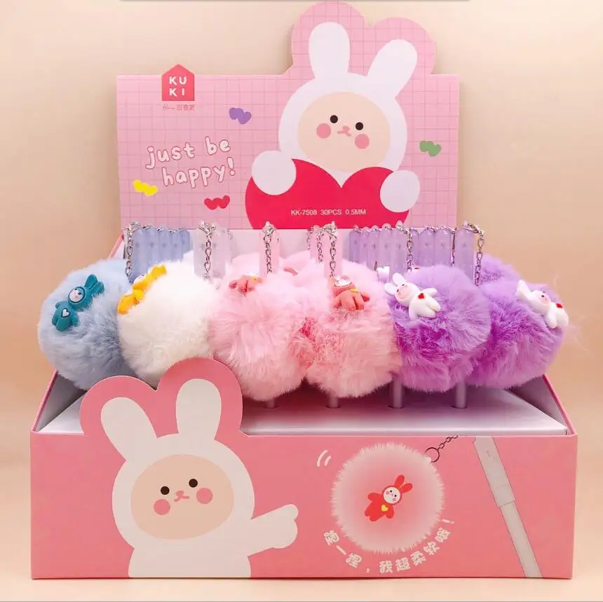 

30 pcs/lot Kawaii Rabbit Hairball Pendant Gel Pen Cute 0.5mm Black Ink Neutral Pens Promotional Gift Stationery School Supplies