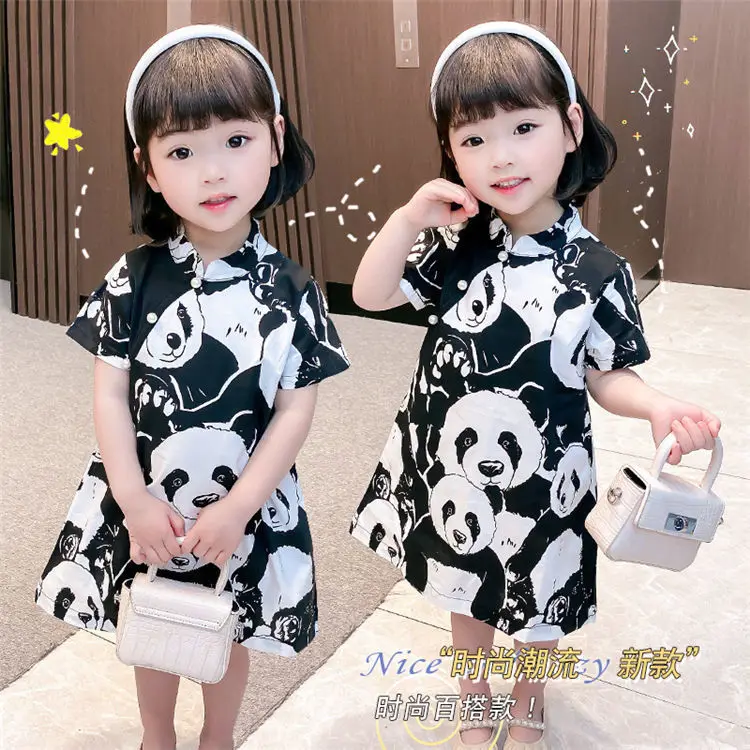 

Girls' cheongsam dress 2021 summer girls' net red children's panda skirt children's improved Chinese style skirt