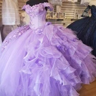 2021 Роскошные Лавандовые королевские платья для выпускного вечера, бальное платье с рукавами, шнуровкой, 3D цветочные цветы, кружевное милое вечернее платье 15