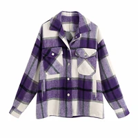 womens shirt jacket new style retro purple white check printing double pocket single breasted shirt female jacket