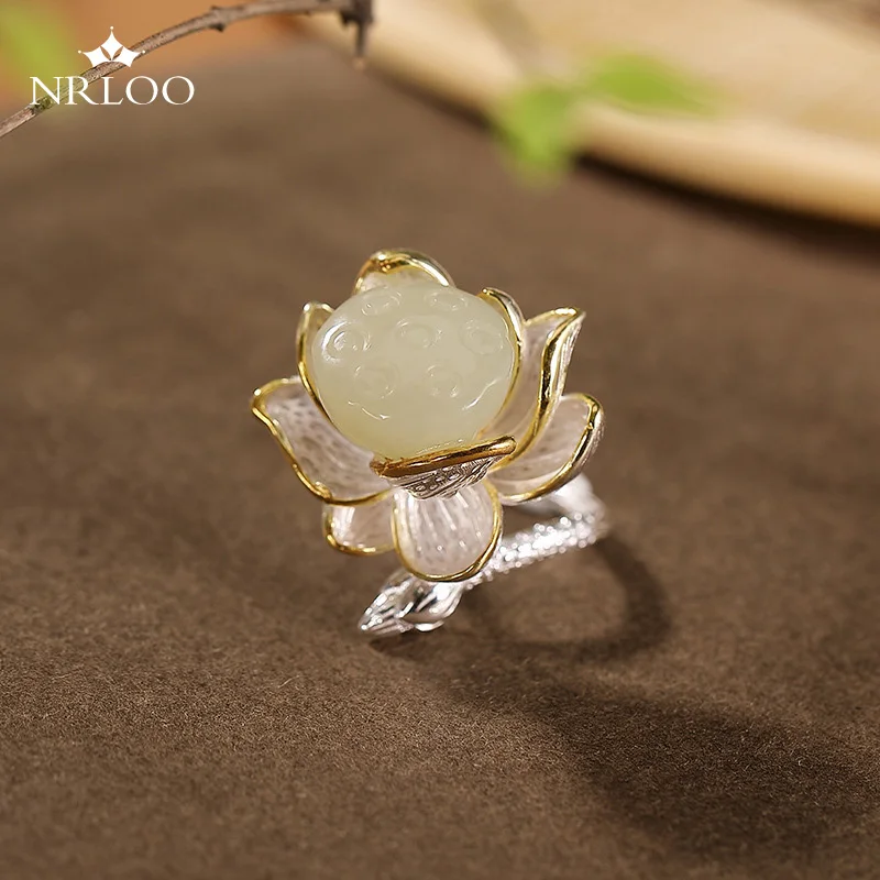 

S925 Sterling Silver Golden Natural Hetian Jade Lotus Flower Earrings Ring For Women Pendant Hairpin Chinese Style Jewelry Sets