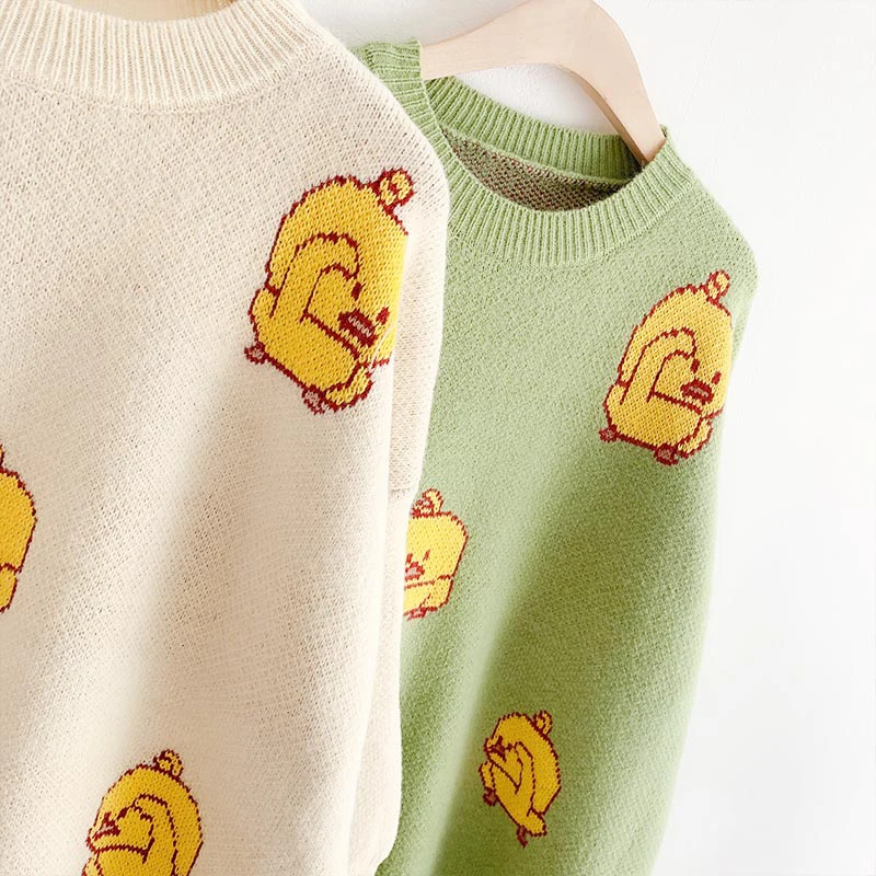 green apricot gray white black little yellow duck sweater o neck knitted pullovers long sleeve winter autumn M0075 | Женская одежда