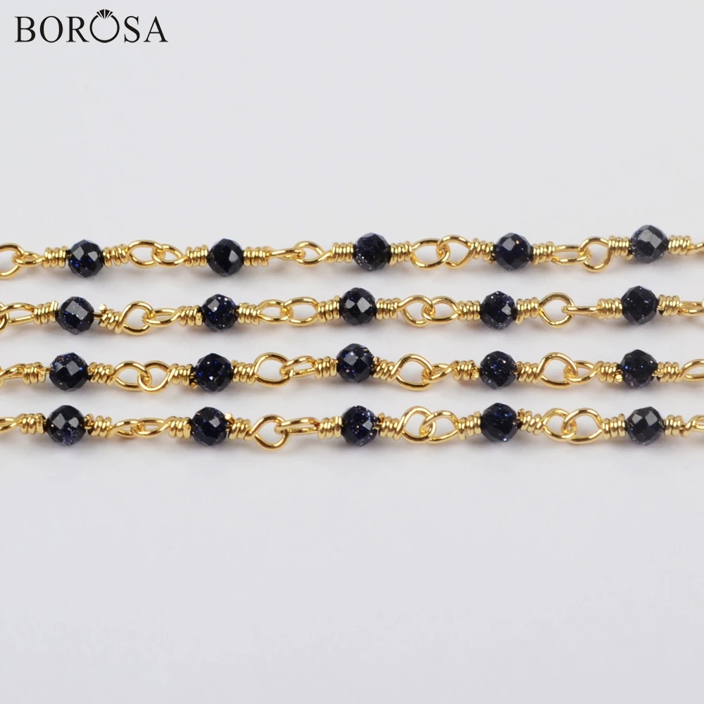 

BOROSA Jewelry 3Meters Blue Sand Stone Beads Faceted Brass Chains In Gold/Silver Color Bead Chains Jewelry Accessories JT249