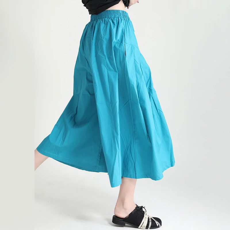 

[EAM] High Elastic Waist Blue Pleated Long Wide Leg Trousers New Loose Fit Pants Women Fashion Tide Spring Summer 2021 1DD9935
