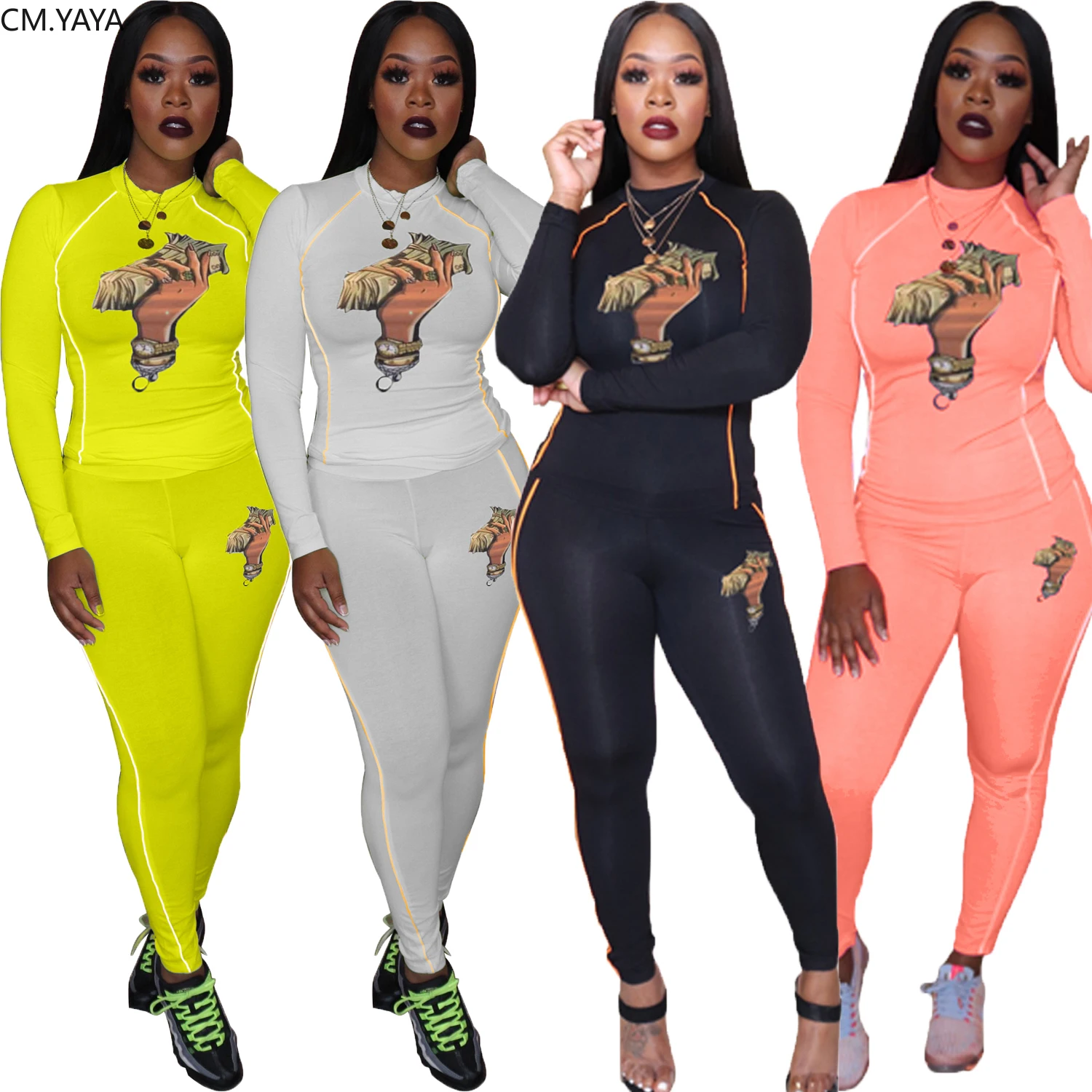 GL зимний женский комплект длинный рукав пэчворк принт футболка карандаш брюки