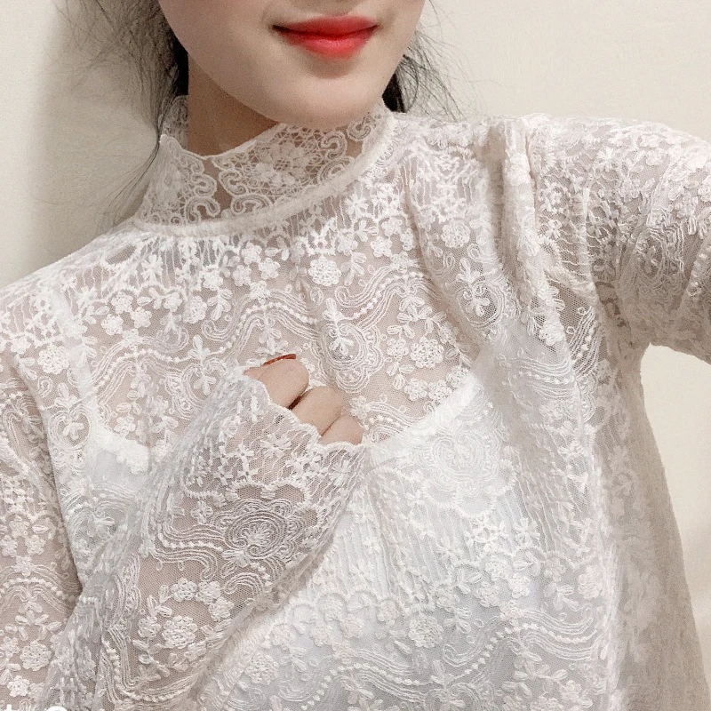 Элегантная женская белая кружевная блузка сексуальная прозрачная Женская