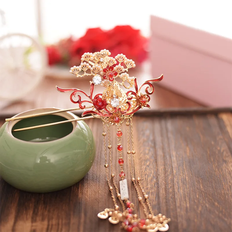

Ancient Hanfu Hair Accessories Set Burn Blue Preal Hair Crown Antiquity Kanzashi Step shake Chain Tassel Ornaments
