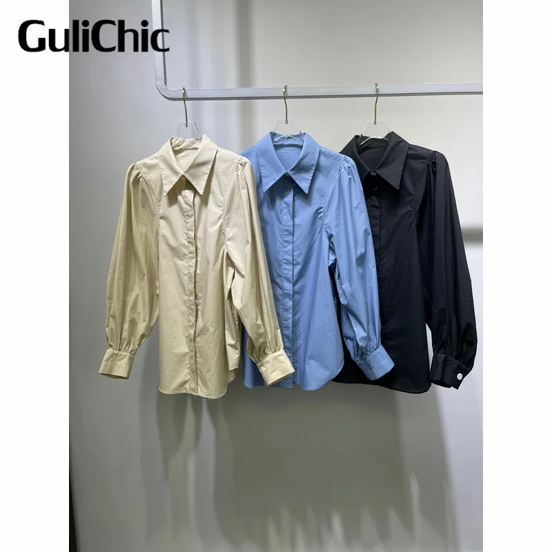 

9.2 GuliChic High Quality Women Hidden Breasted Puff Sleeve Comfortable Soft Cotton Shirt Blouse