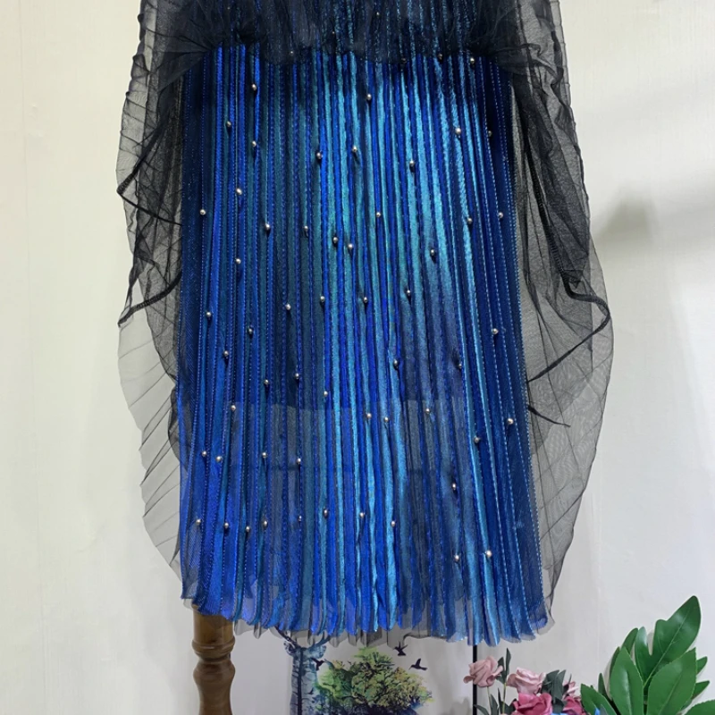 

Autumn Bling Bling Beaded Maxi Long Mesh Skirt Spring Women's Fairy A-line Lush Metallic Pleated Ankle Long Gauze Skirts