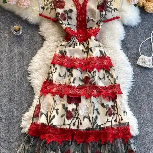 

Women New Fashion Lace Embroidered Hook-up High-waist Dress V Neck Short-sleeved Slimming Thin Elegant Party Vestidos