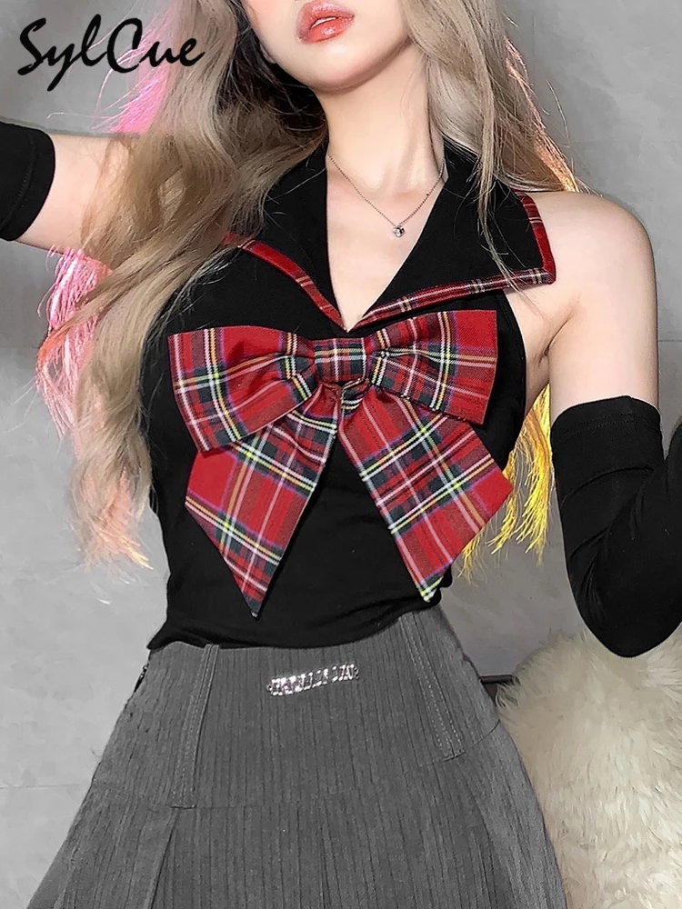 

Sylcue Bow Red And Black Plaid Sexy Casual Halter High Street All-Match Lapel Tight-Fitting Elastic Fashion Women's Short Top