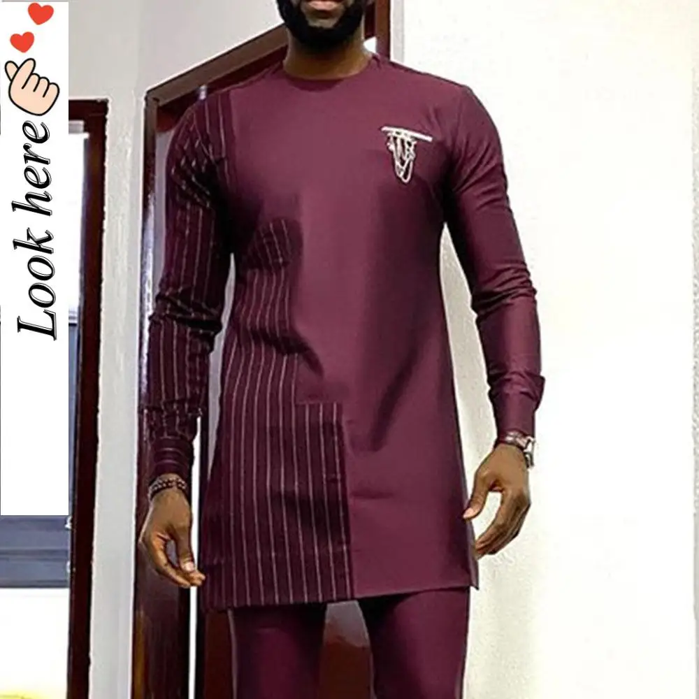 

African Men's Shirts Mid Length Round Neck Long Sleeve T-shirt Male 2021 Spring Traditional Plus Size Slim Dashiki Clothes Man