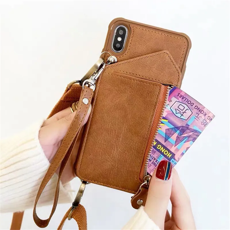 Luxury Leather Wallet Strap Cord Crossbody Case for iPhone 7 8 Plus XR XS 11 12 13 14 PRO MAX Shoulder Lanyard Card Holder Cover